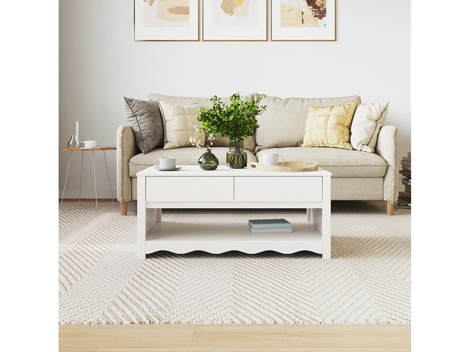 "DRAMMEN" Weißer Couchtisch 99x55x45 cm aus massivem Kiefernholz