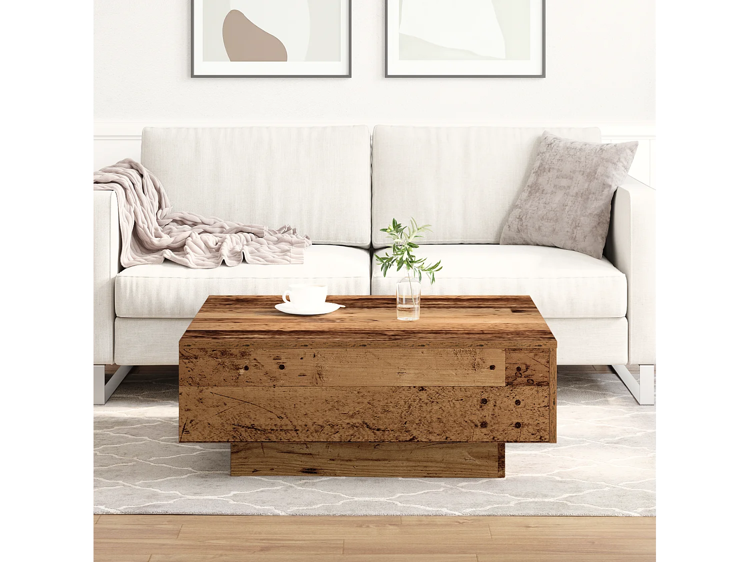 Table basse en vieux bois 80x80x31 cm en bois d'ingénierie