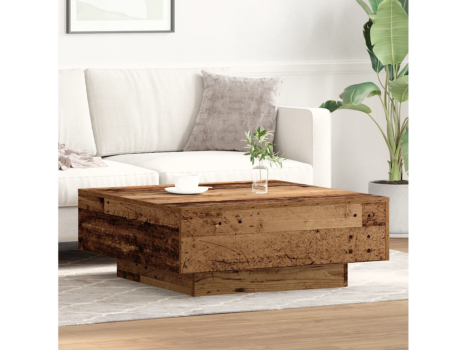 Mesa de centro de madera vieja 80x80x31 cm en madera de ingeniería