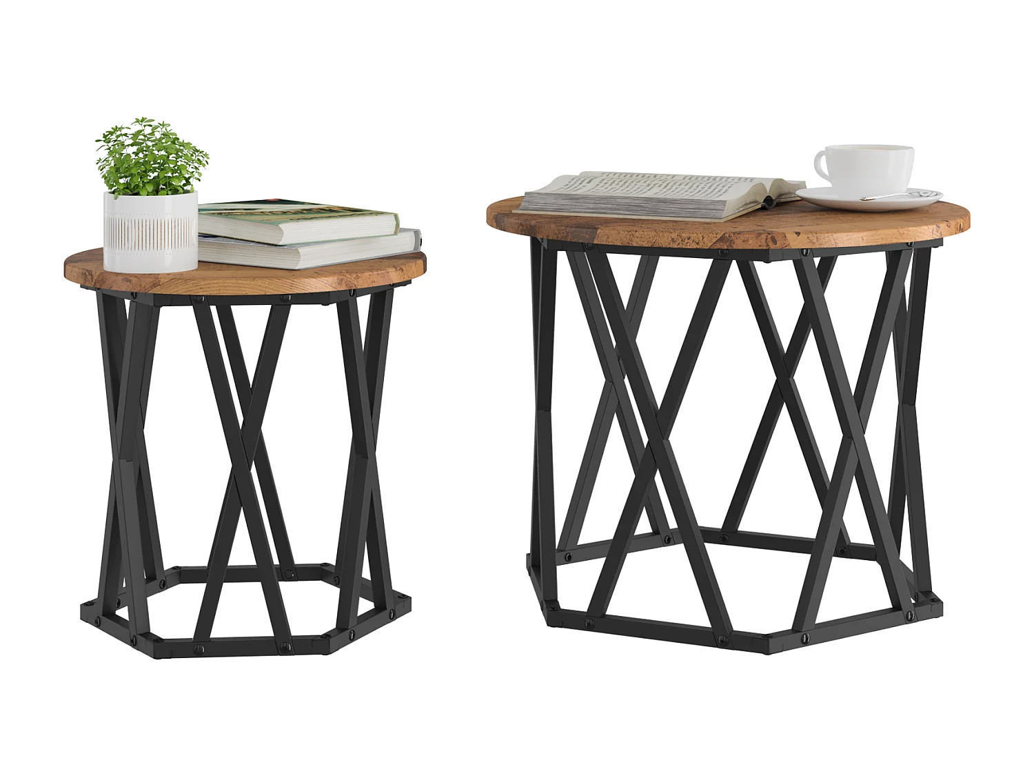 2 Tables d'appoint empilables en bois vieilli et bois reconstitué