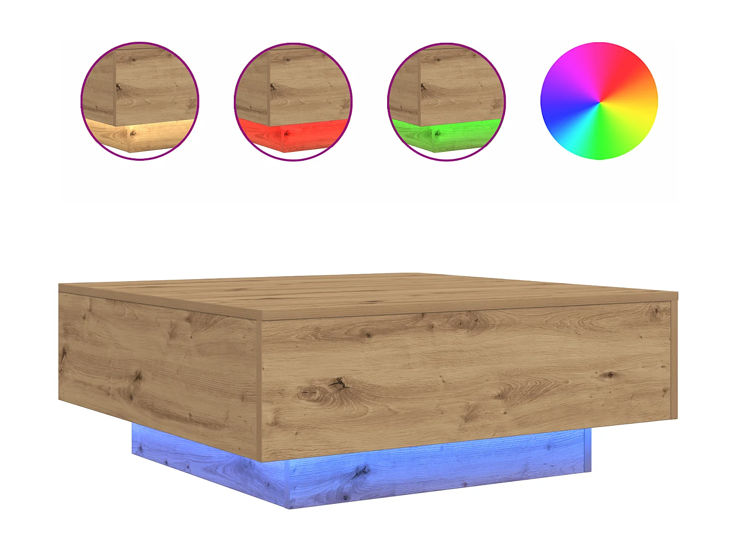 Tavolino con luci LED Artisan rovere 80x80x31 cm