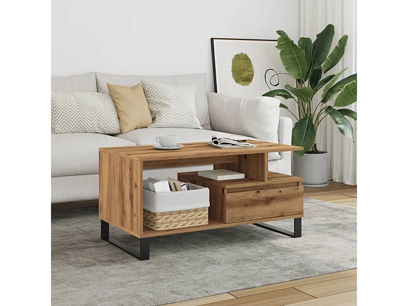 Mesa de centro de roble artesanal 90x49x45 cm madera de ingeniería