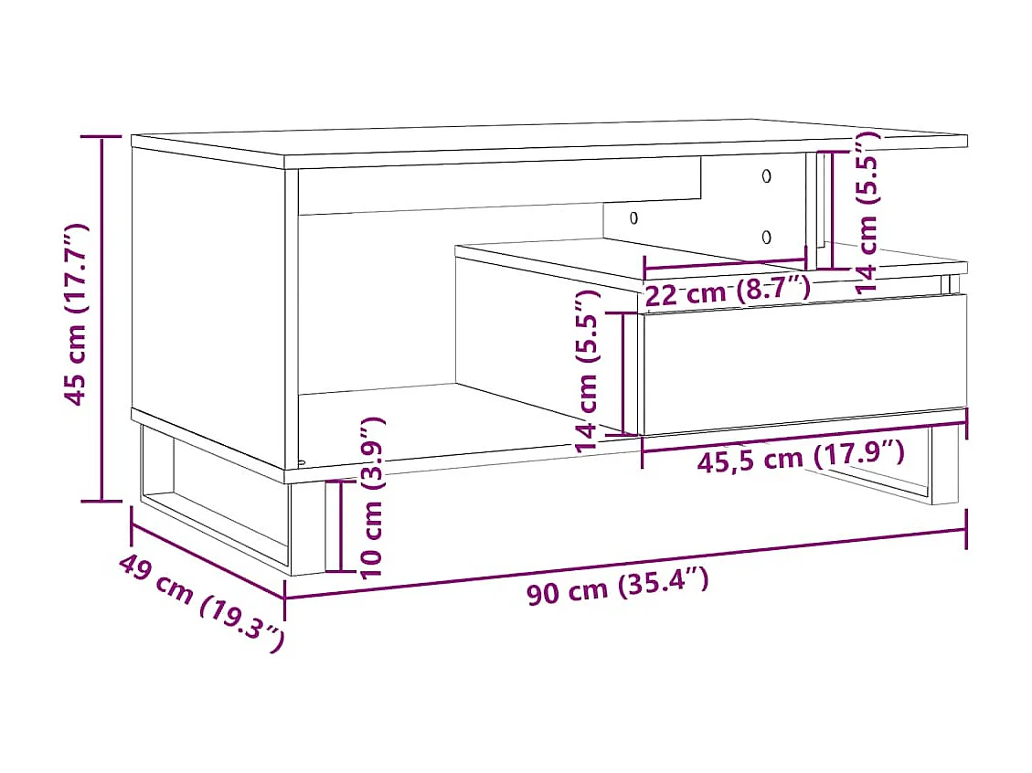 Handgemaakte eikenhouten salontafel 90x49x45 cm bewerkt hout