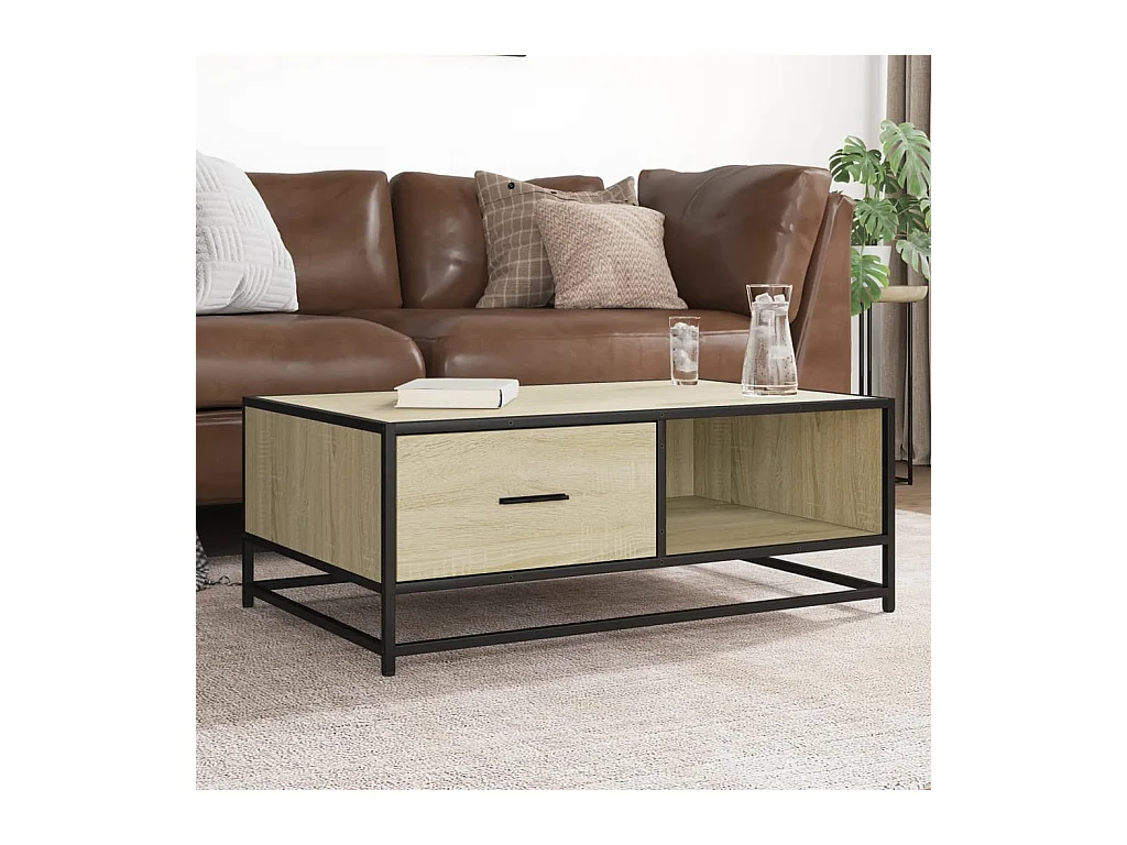 Mesa de centro de roble Sonoma 90x57x35 cm de madera contrachapada y metal
