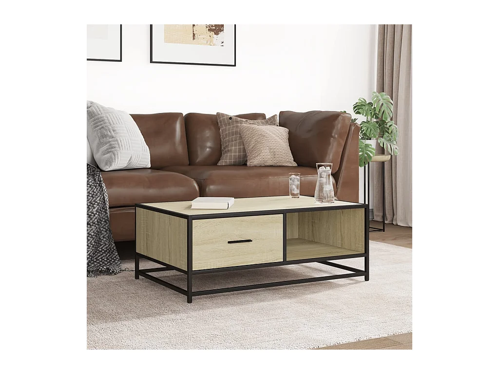 Mesa de centro de roble Sonoma 90x57x35 cm de madera contrachapada y metal