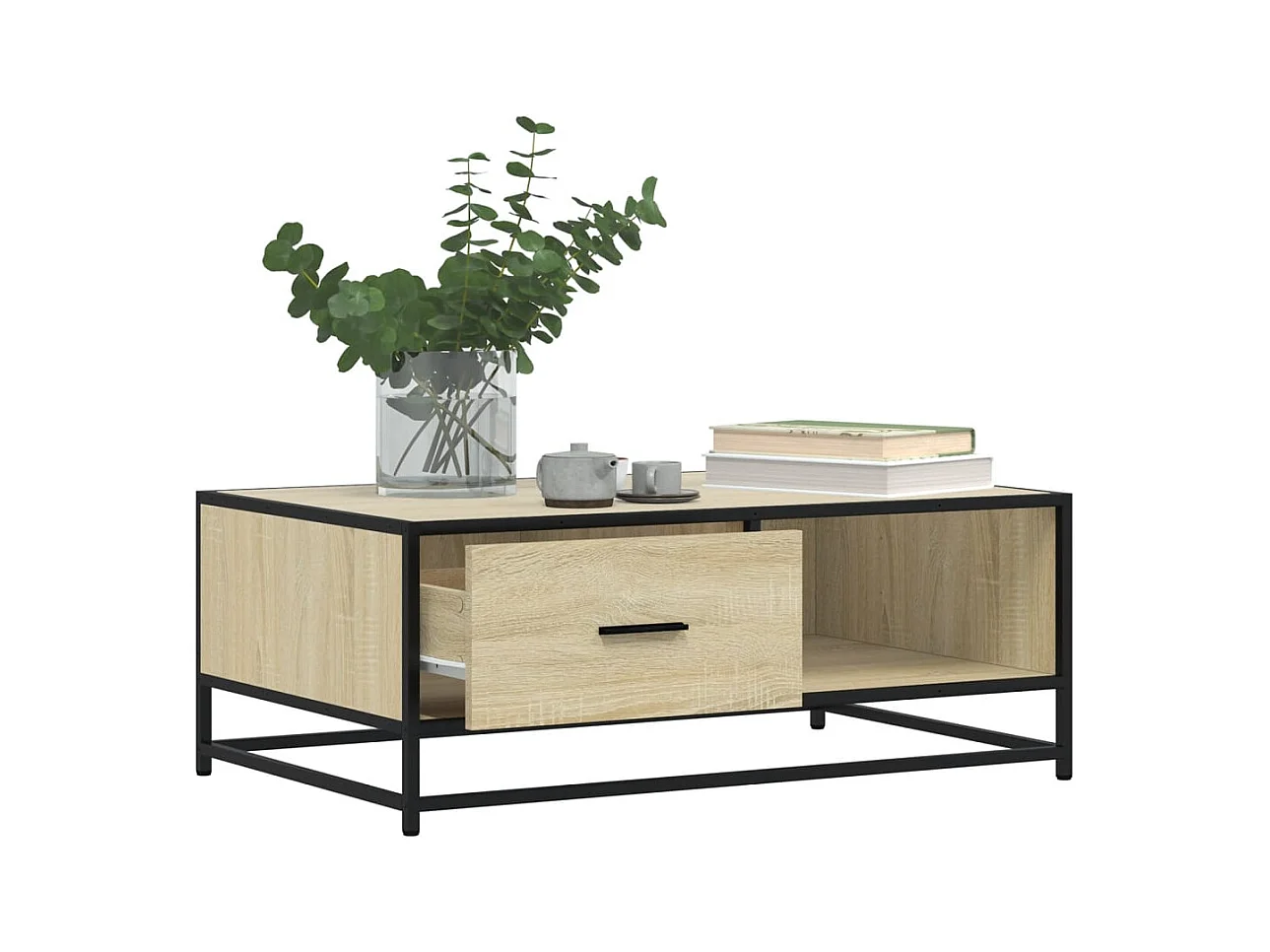 Mesa de centro de roble Sonoma 90x57x35 cm de madera contrachapada y metal