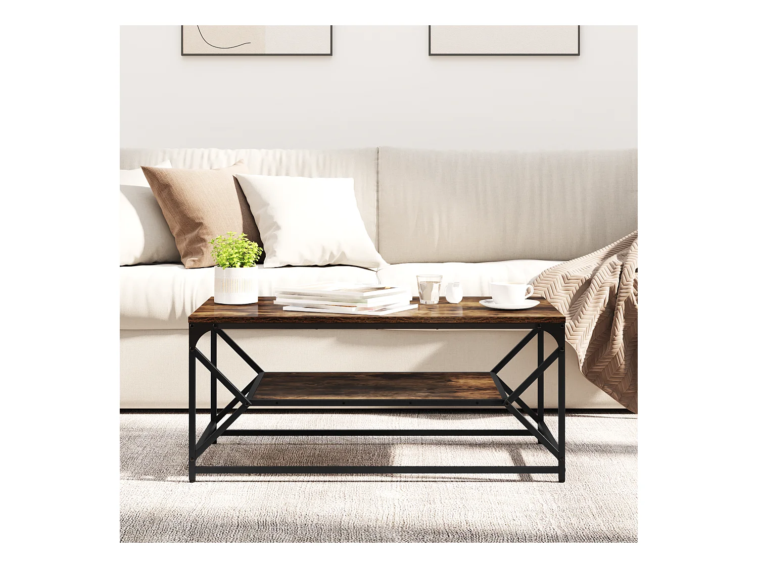 Table Basse avec Étagère Chêne Fumé 90x50x40 cm Bois Mécanisé