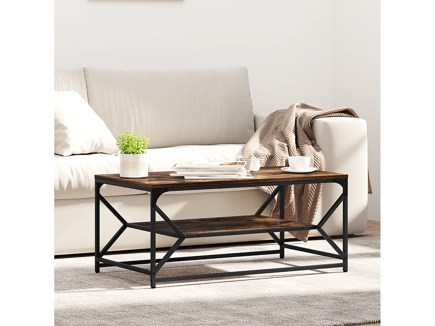 Table Basse avec Étagère Chêne Fumé 90x50x40 cm Bois Mécanisé