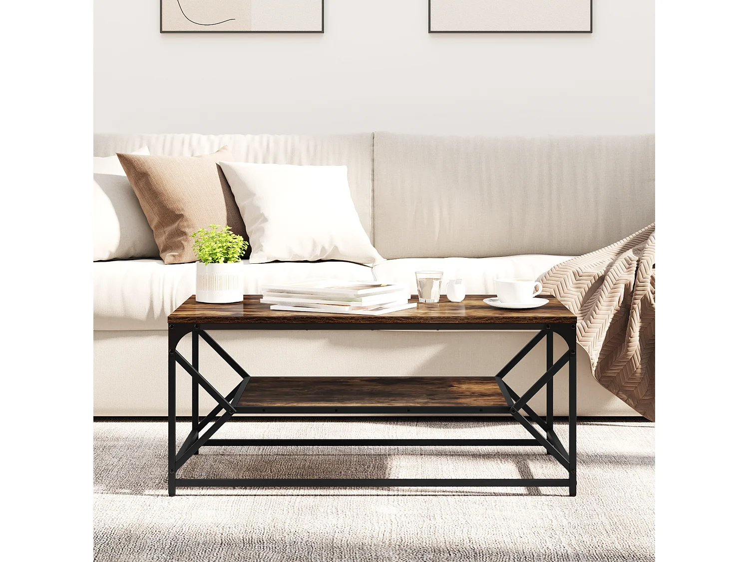 Table Basse avec Étagère Chêne Fumé 90x50x40 cm Bois Mécanisé