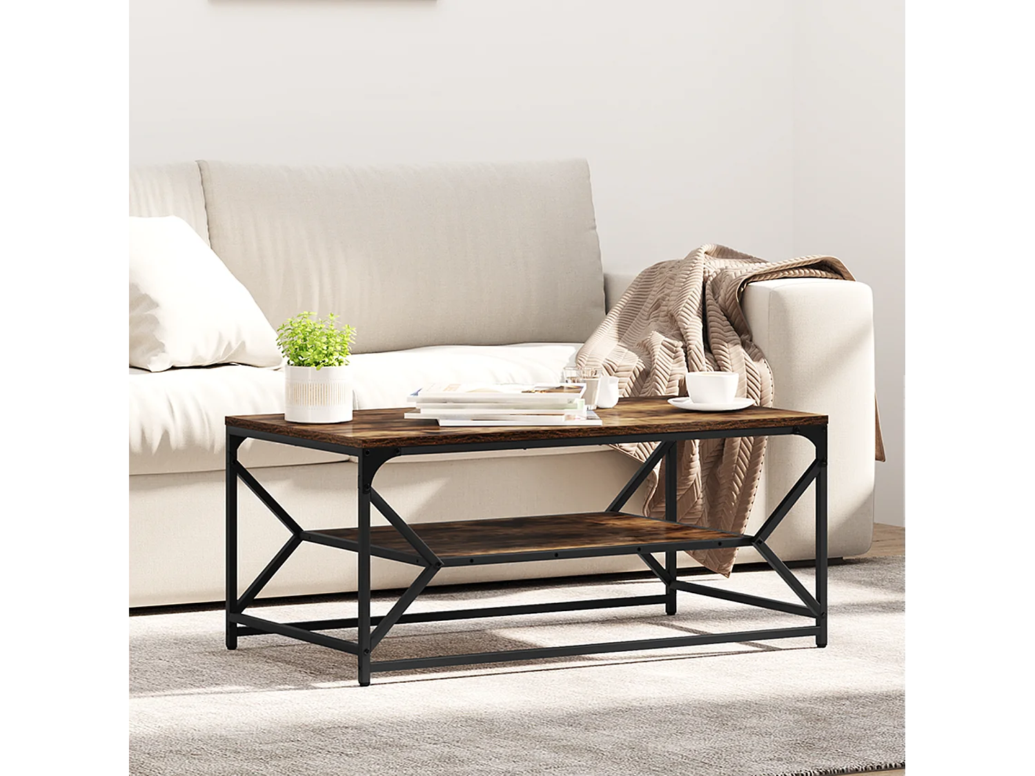 Table Basse avec Étagère Chêne Fumé 90x50x40 cm Bois Mécanisé