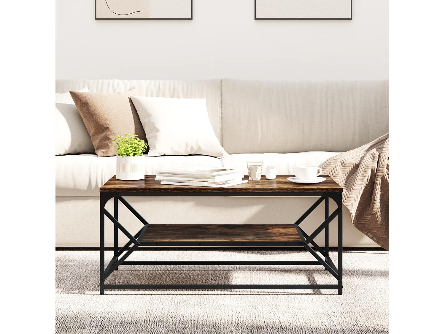 Table Basse avec Étagère Chêne Fumé 90x50x40 cm Bois Mécanisé