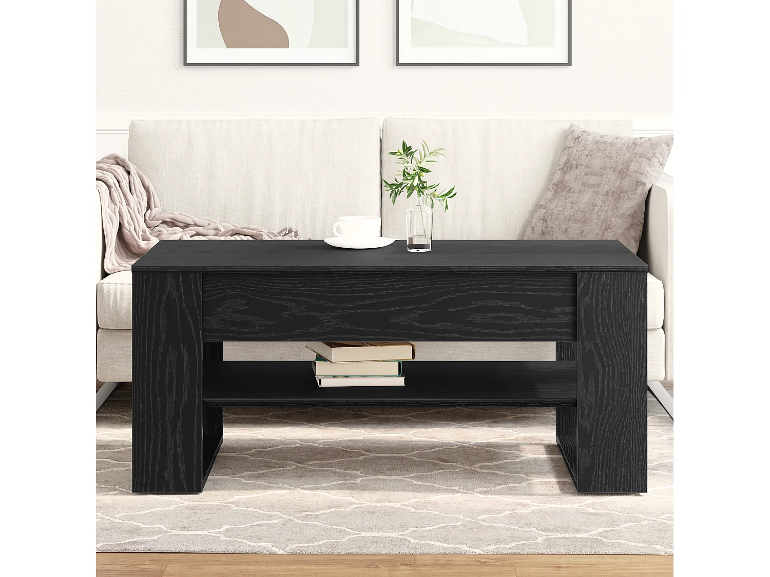 Table basse noire en chêne 102x55x45 cm en bois d'ingénierie