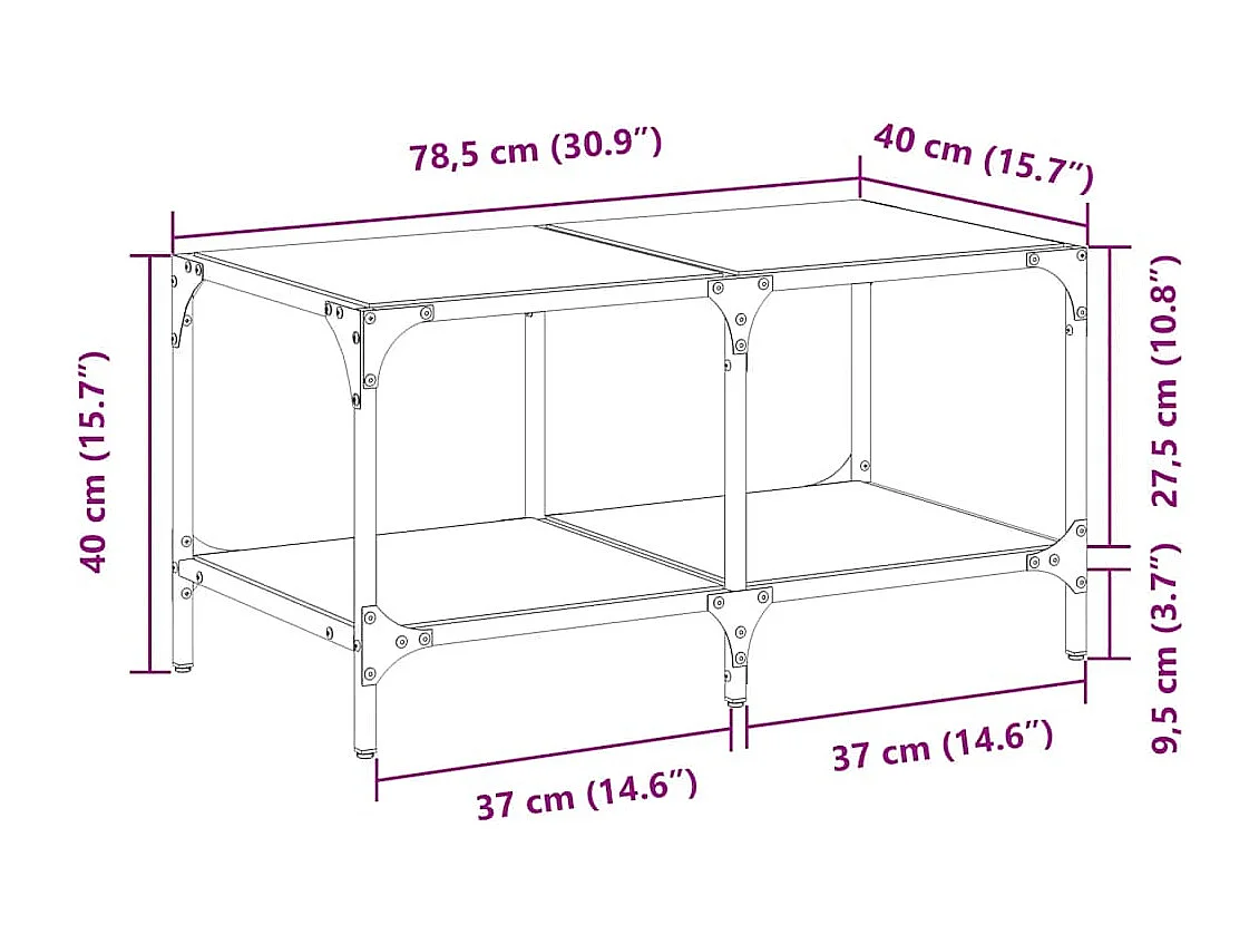Mesa de centro con tapa de cristal transparente 78,5x40x40cm acero