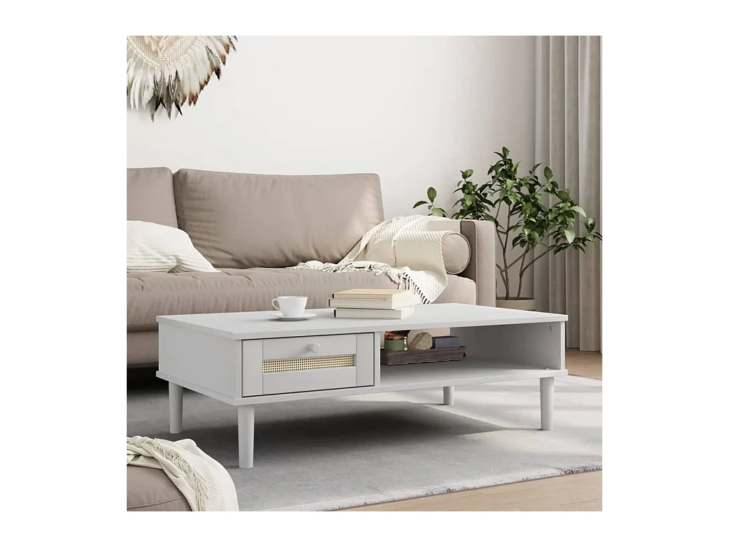 Table basse SENJA aspect rotin blanc 100x55x33 cm bois massif