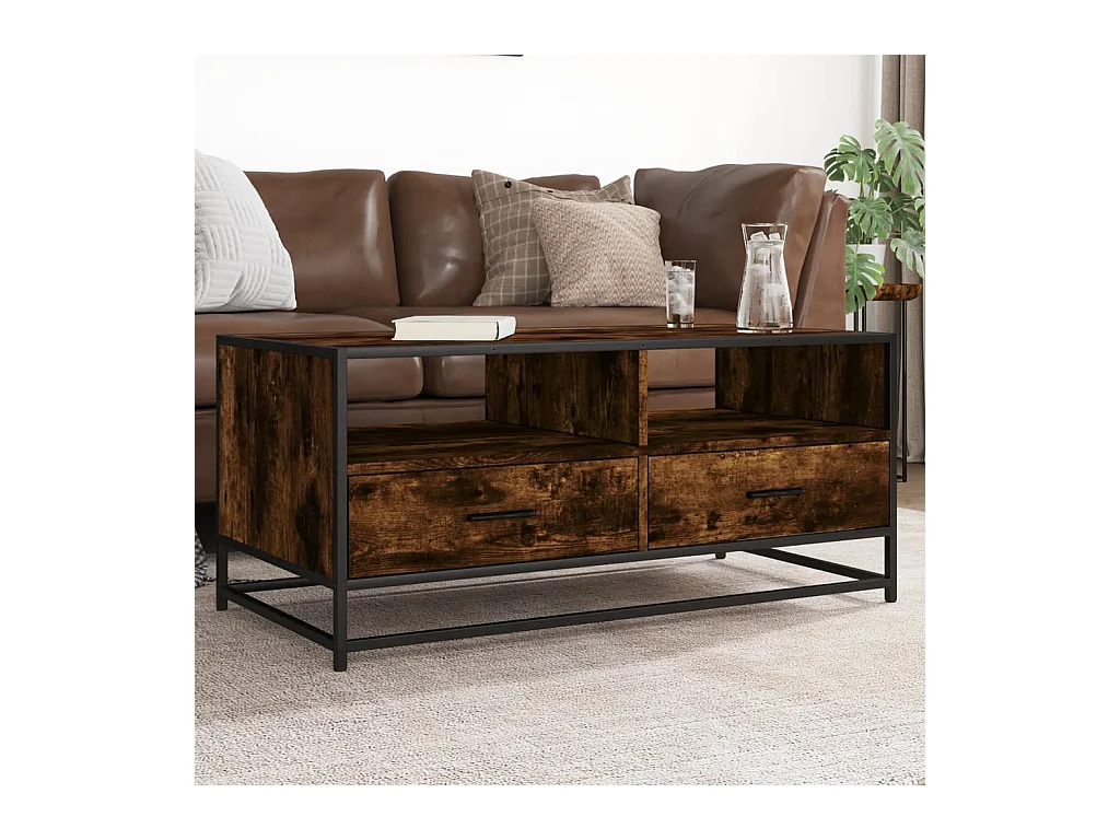 Gerookte eiken salontafel 100x50x45 cm bewerkt hout en metaal