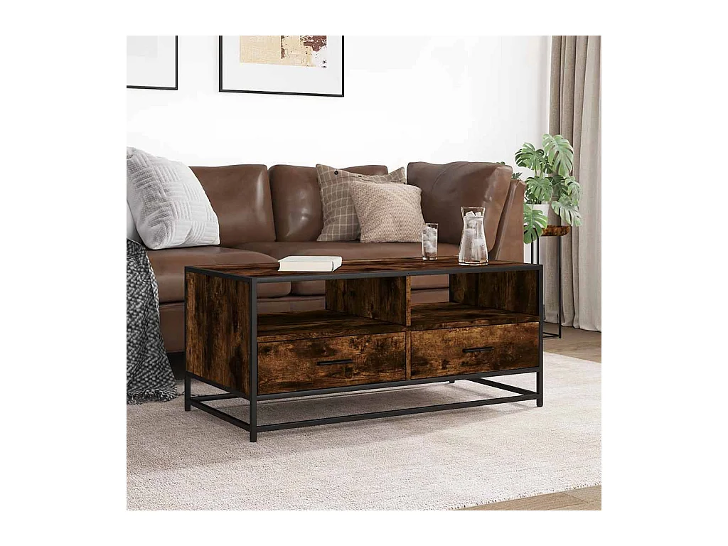 Gerookte eiken salontafel 100x50x45 cm bewerkt hout en metaal