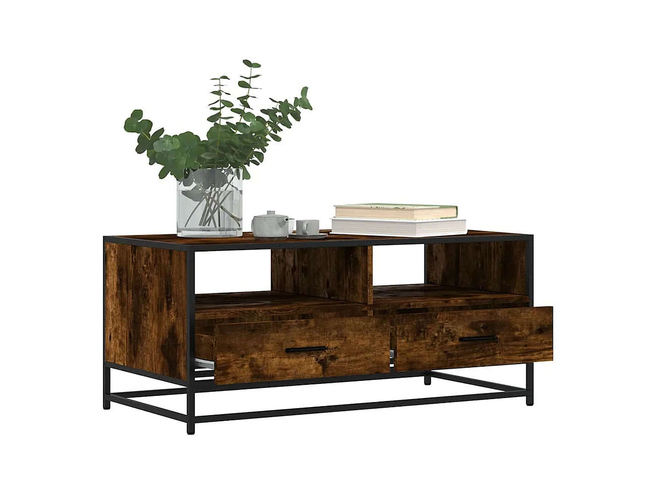 Gerookte eiken salontafel 100x50x45 cm bewerkt hout en metaal