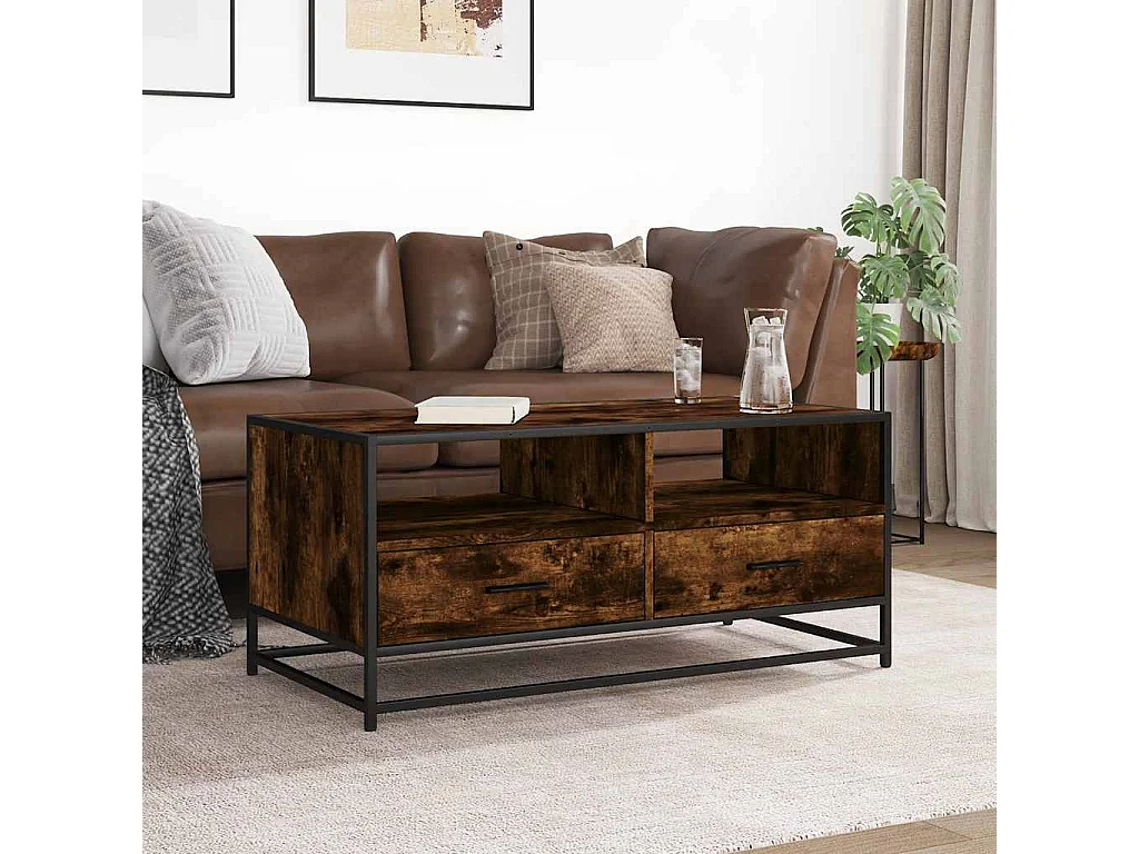 Table basse chêne fumé 100x50x45 cm bois d'ingénierie et métal