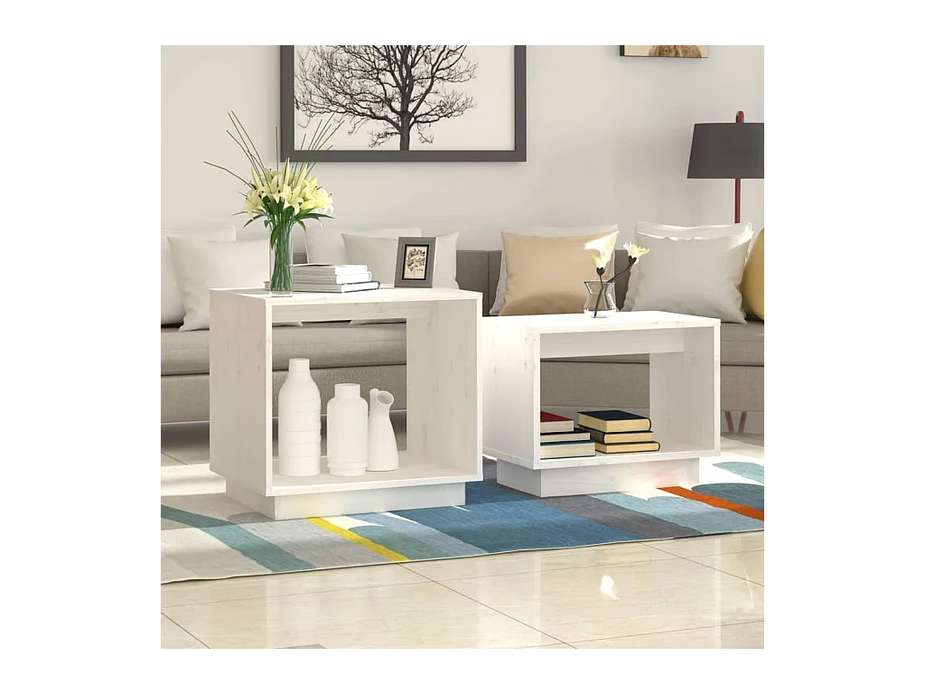 Tavolini da caffè impilabili 2 pezzi in legno di pino massello bianco