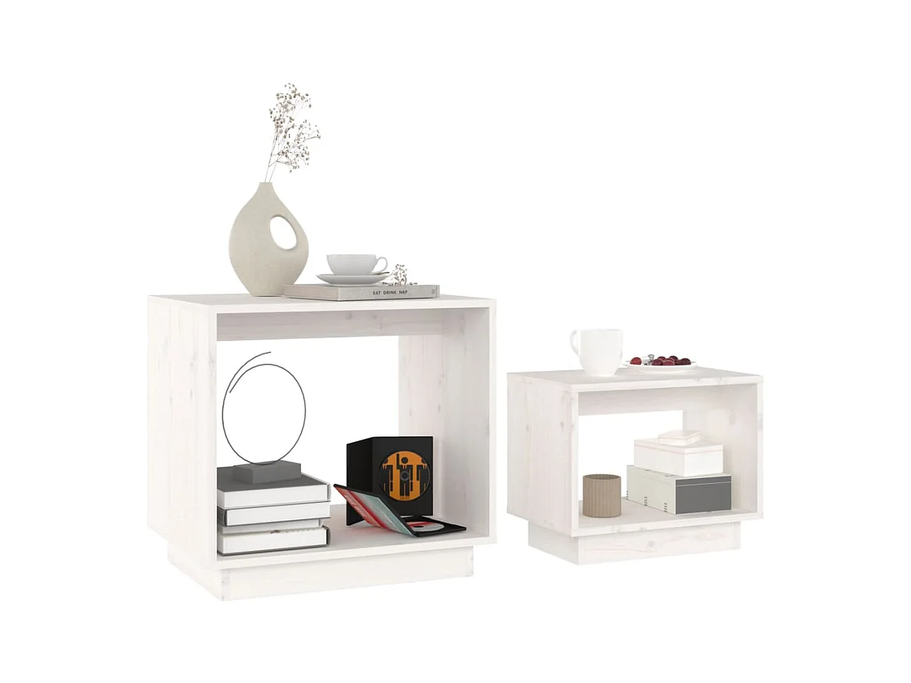 Tavolini da caffè impilabili 2 pezzi in legno di pino massello bianco
