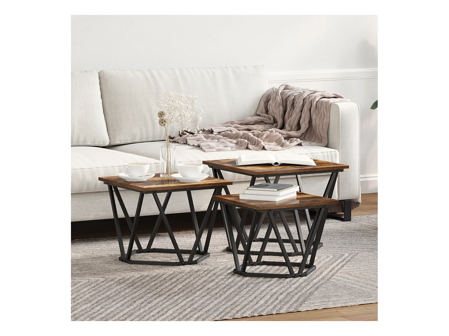 Tables d'appoint 3 pcs en bois d'ingénierie chêne fumé