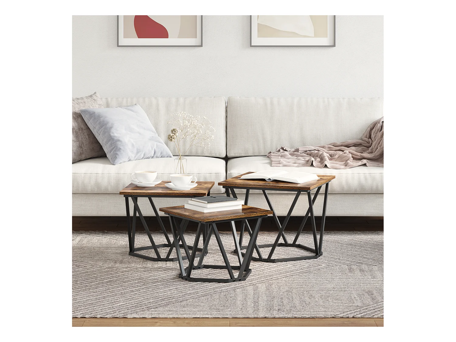 Tables d'appoint 3 pcs en bois d'ingénierie chêne fumé