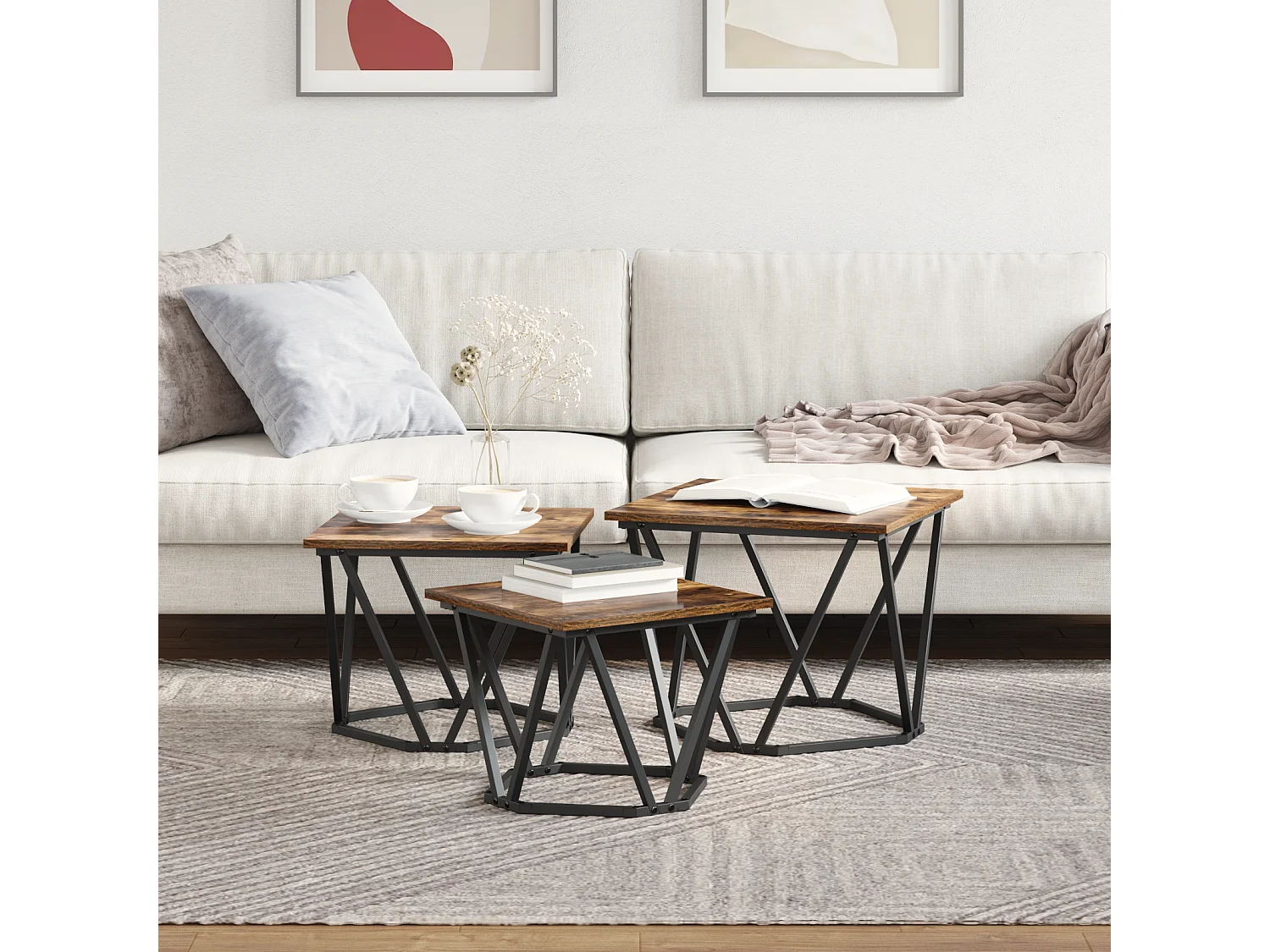 Tables d'appoint 3 pcs en bois d'ingénierie chêne fumé