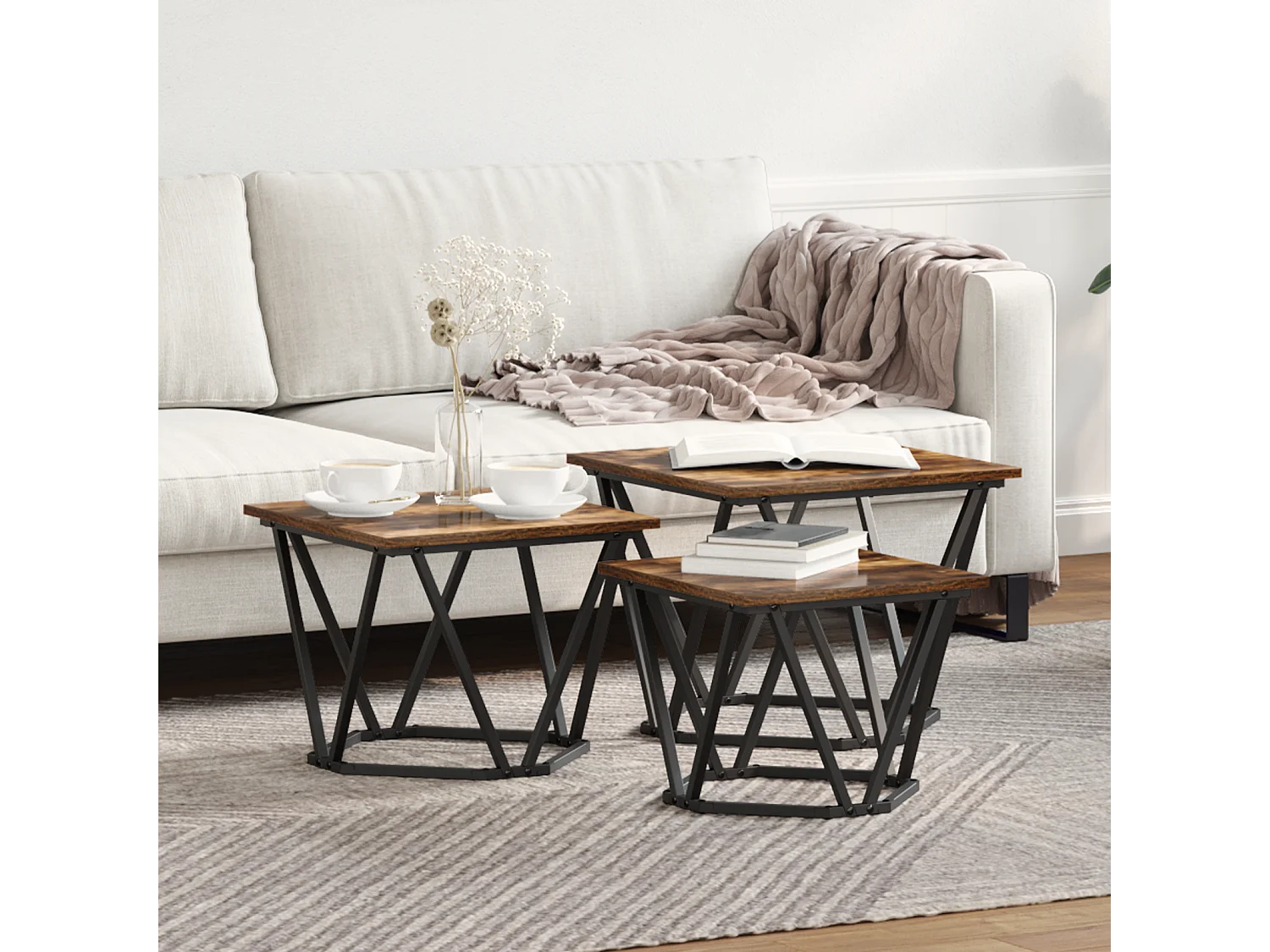 Mesas auxiliares de 3 piezas de madera de ingeniería de roble ahumado