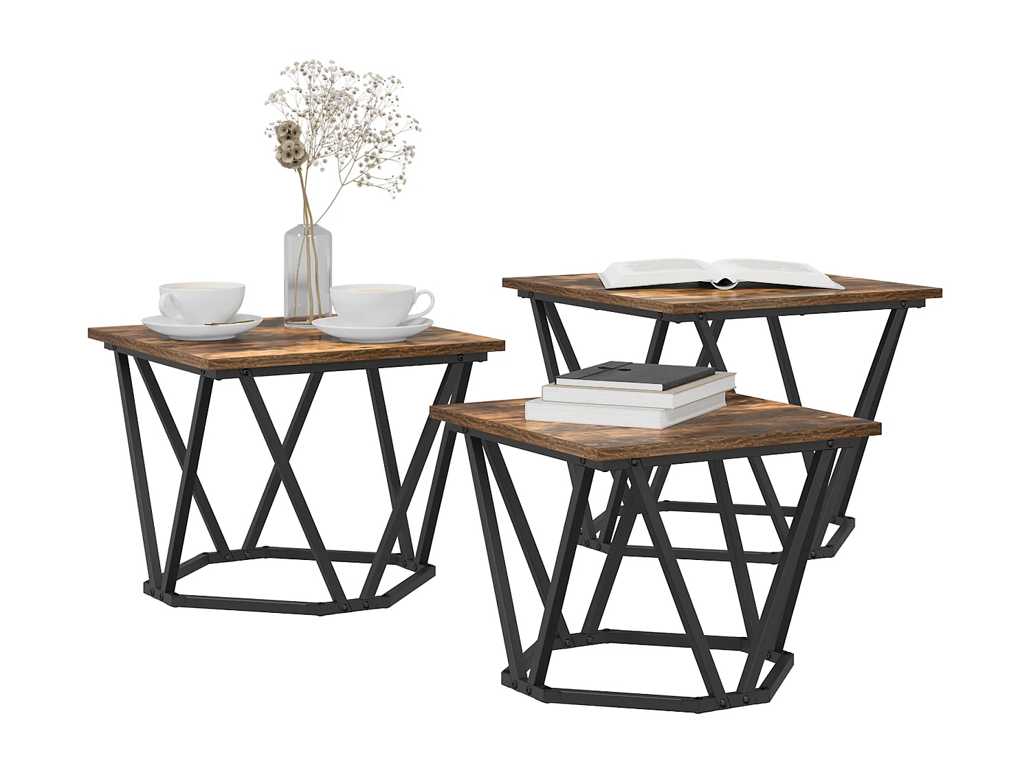 Mesas auxiliares de 3 piezas de madera de ingeniería de roble ahumado