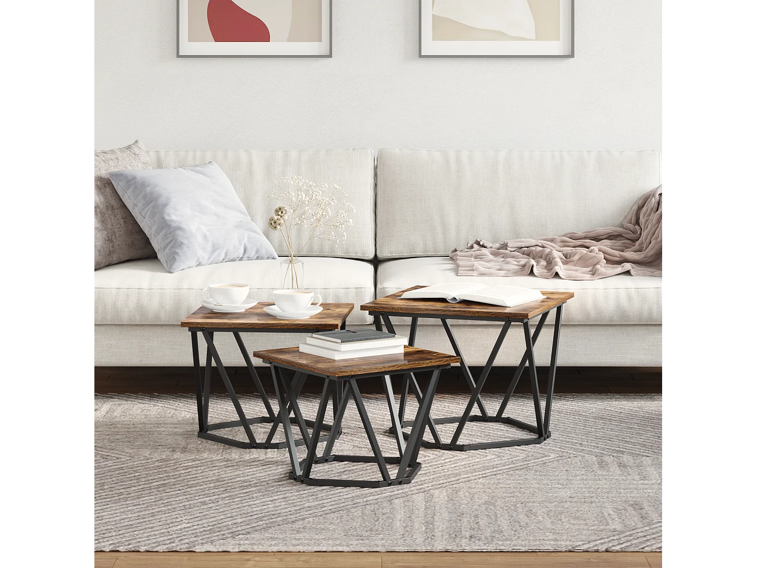 Mesas auxiliares de 3 piezas de madera de ingeniería de roble ahumado