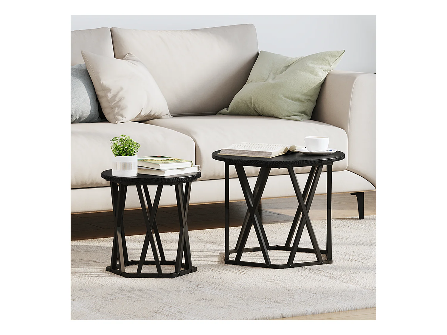 Tables d'appoint empilables 2 pcs Noir Chêne en bois