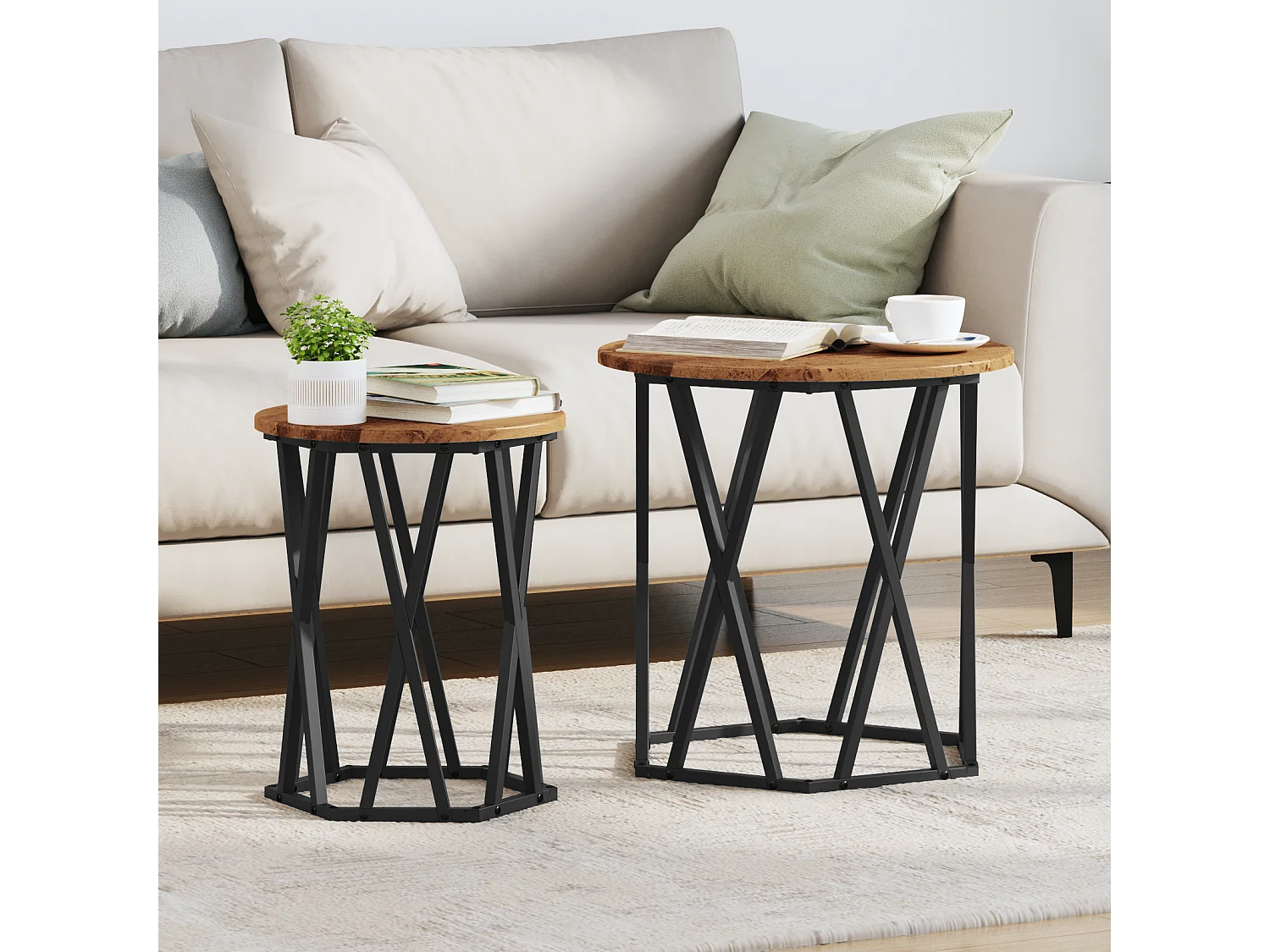 Mesa auxiliar de 2 piezas en madera antigua