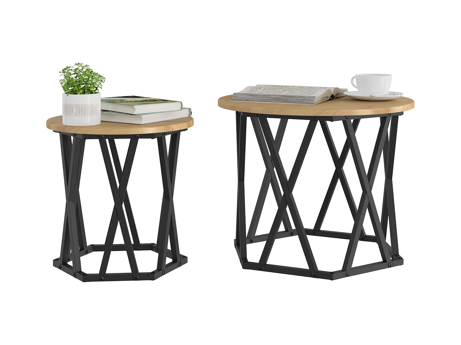 stuks stapelbare bijzettafels van bewerkt hout en eikenhout, vakmanschap