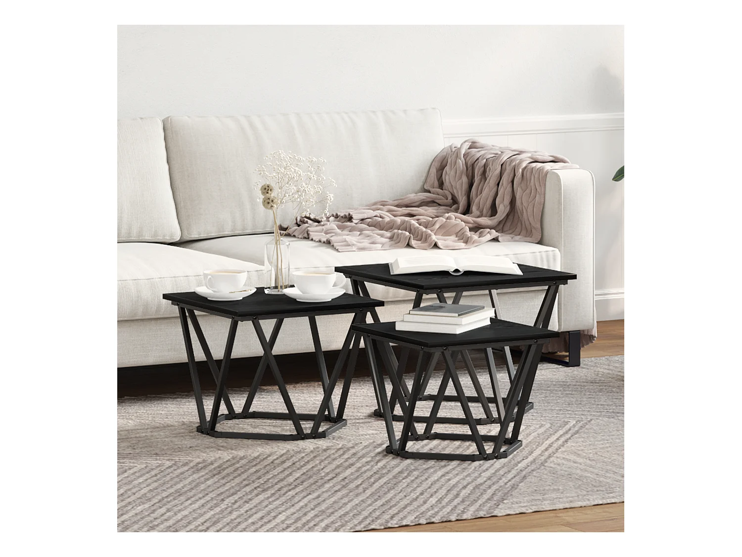 Tavolini laterali in rovere nero, 3 pezzi, in legno ingegnerizzato