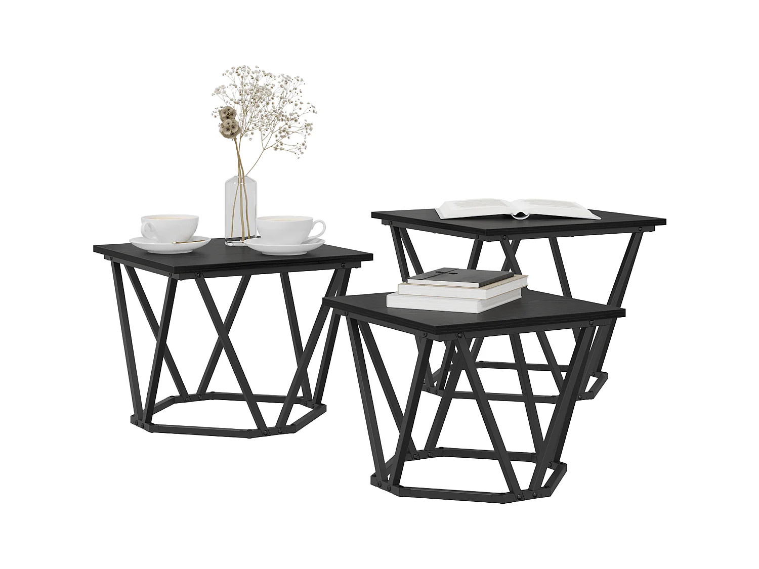 Tavolini laterali in rovere nero, 3 pezzi, in legno ingegnerizzato