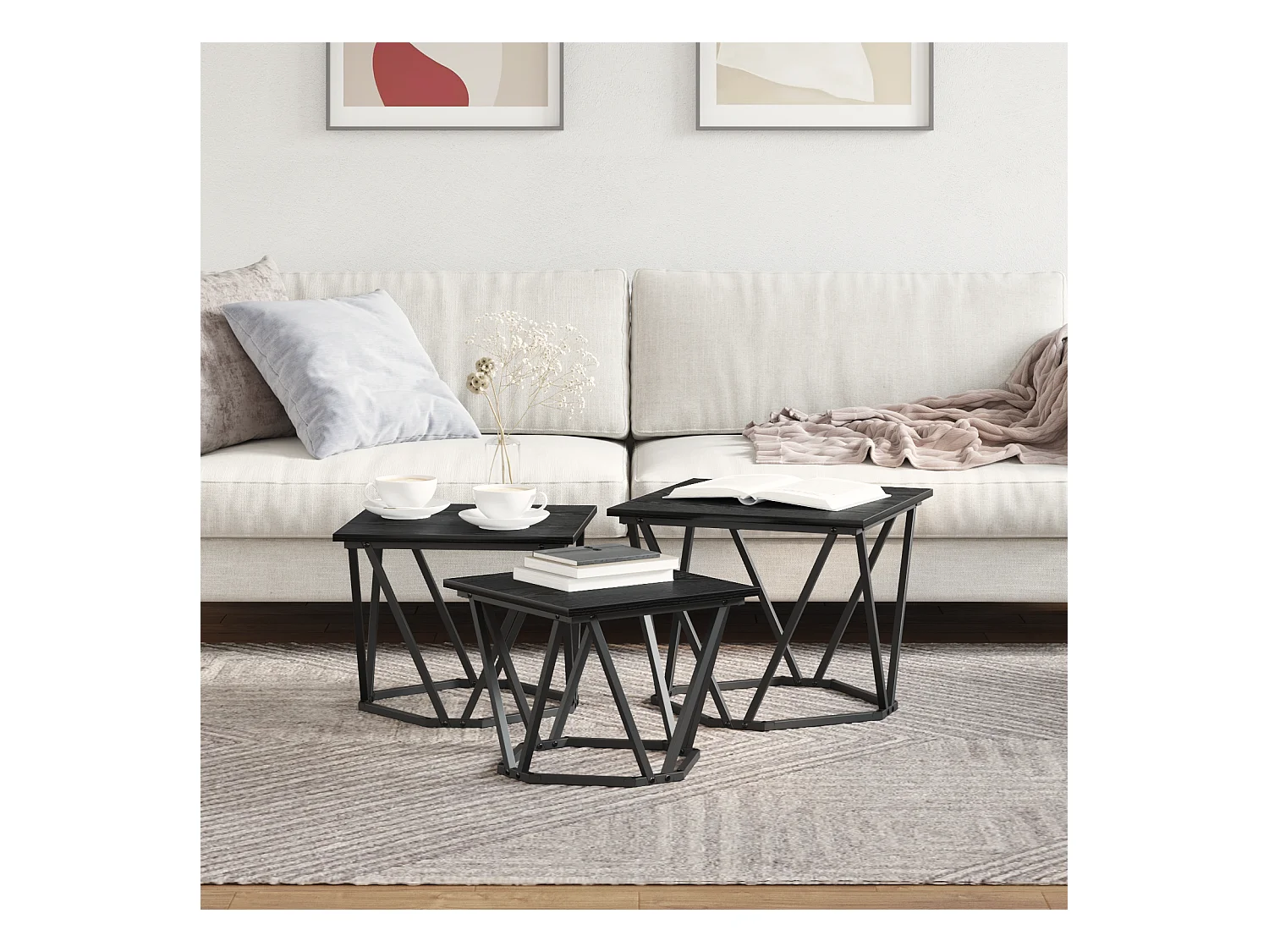 Tavolini laterali in rovere nero, 3 pezzi, in legno ingegnerizzato