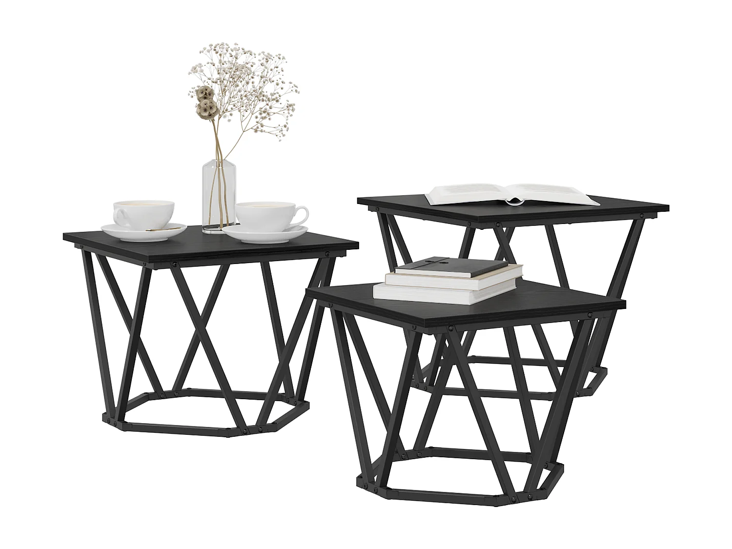 Tables d'appoint 3 pcs Noir Chêne en bois d'ingénierie