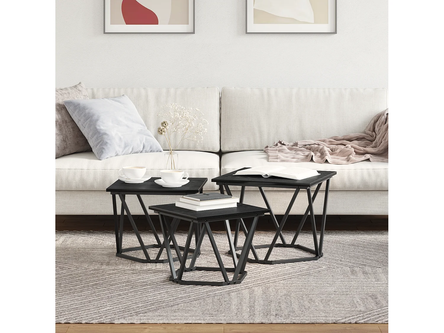 Tables d'appoint 3 pcs Noir Chêne en bois d'ingénierie