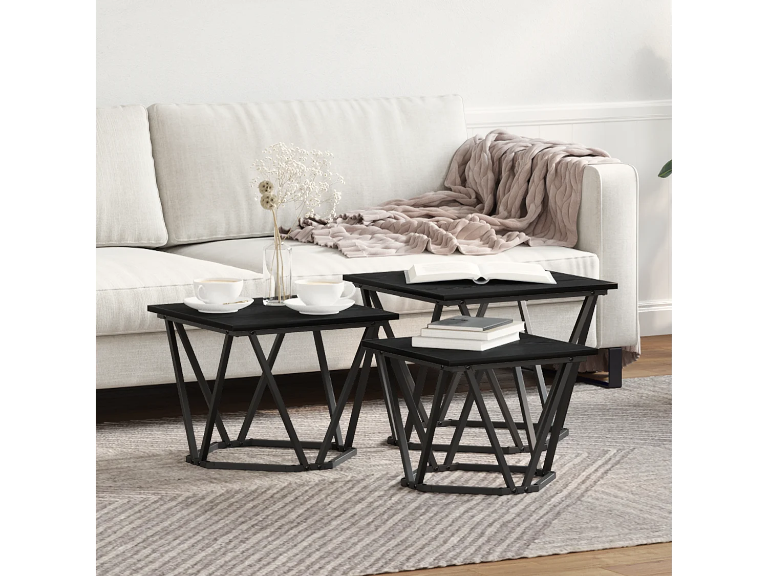 Tables d'appoint 3 pcs Noir Chêne en bois d'ingénierie