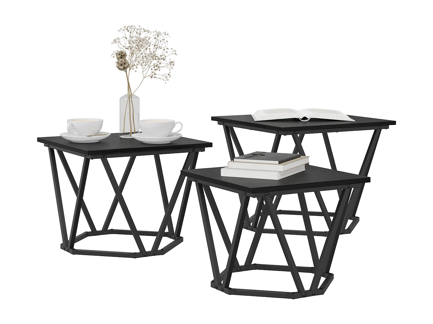 Tables d'appoint 3 pcs Noir Chêne en bois d'ingénierie