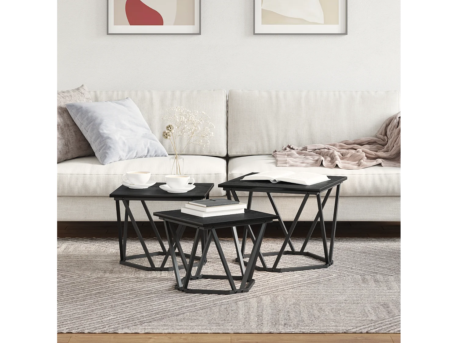 Tables d'appoint 3 pcs Noir Chêne en bois d'ingénierie