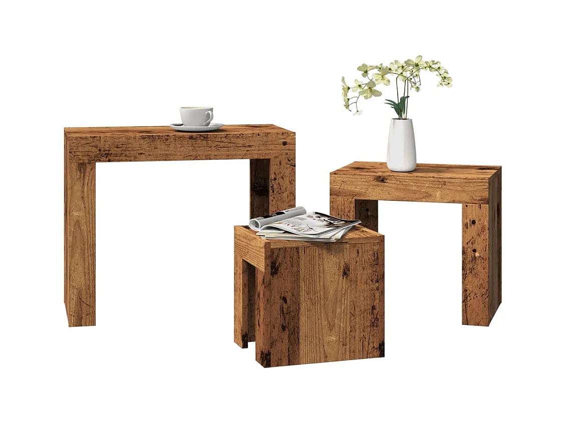 Tavolini da caffè impilabili 3 pezzi in legno vecchio e legno ingegnerizzato