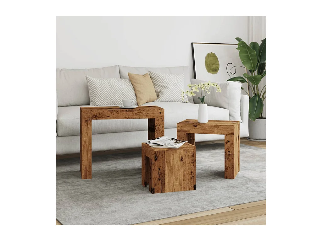 Tavolini da caffè impilabili 3 pezzi in legno vecchio e legno ingegnerizzato