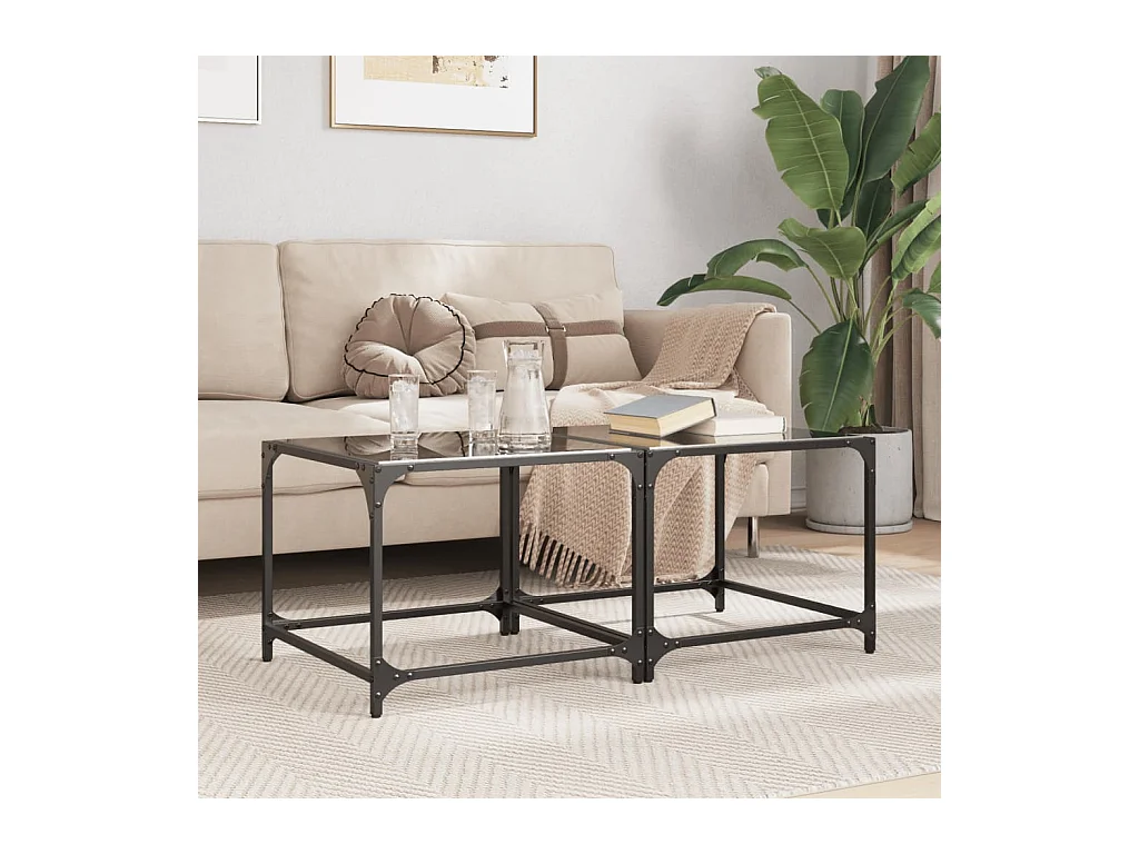 Salontafels met zwart glazen blad 2 stuks 50x50x40 cm staal