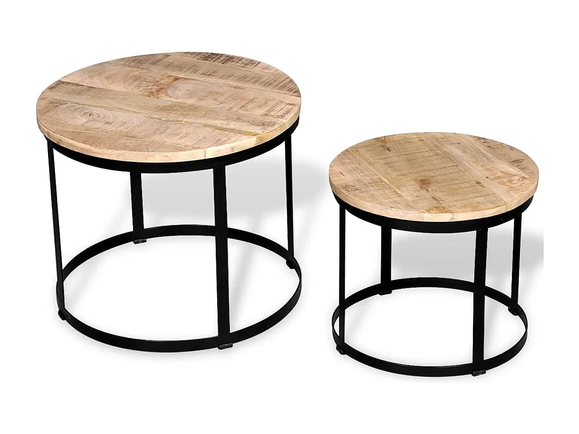 Mesa de centro 2 piezas Madera de mango crudo Redonda 40/50 cm