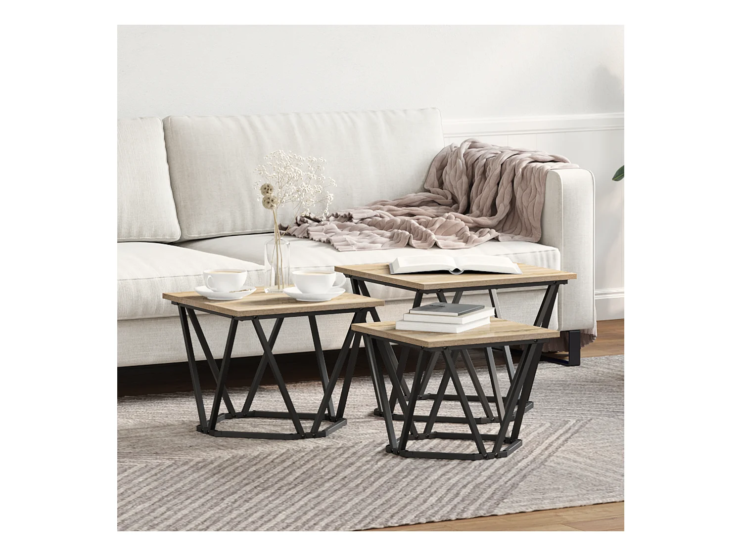 Tables d'appoint 3 pcs en bois d'ingénierie chêne Sonoma