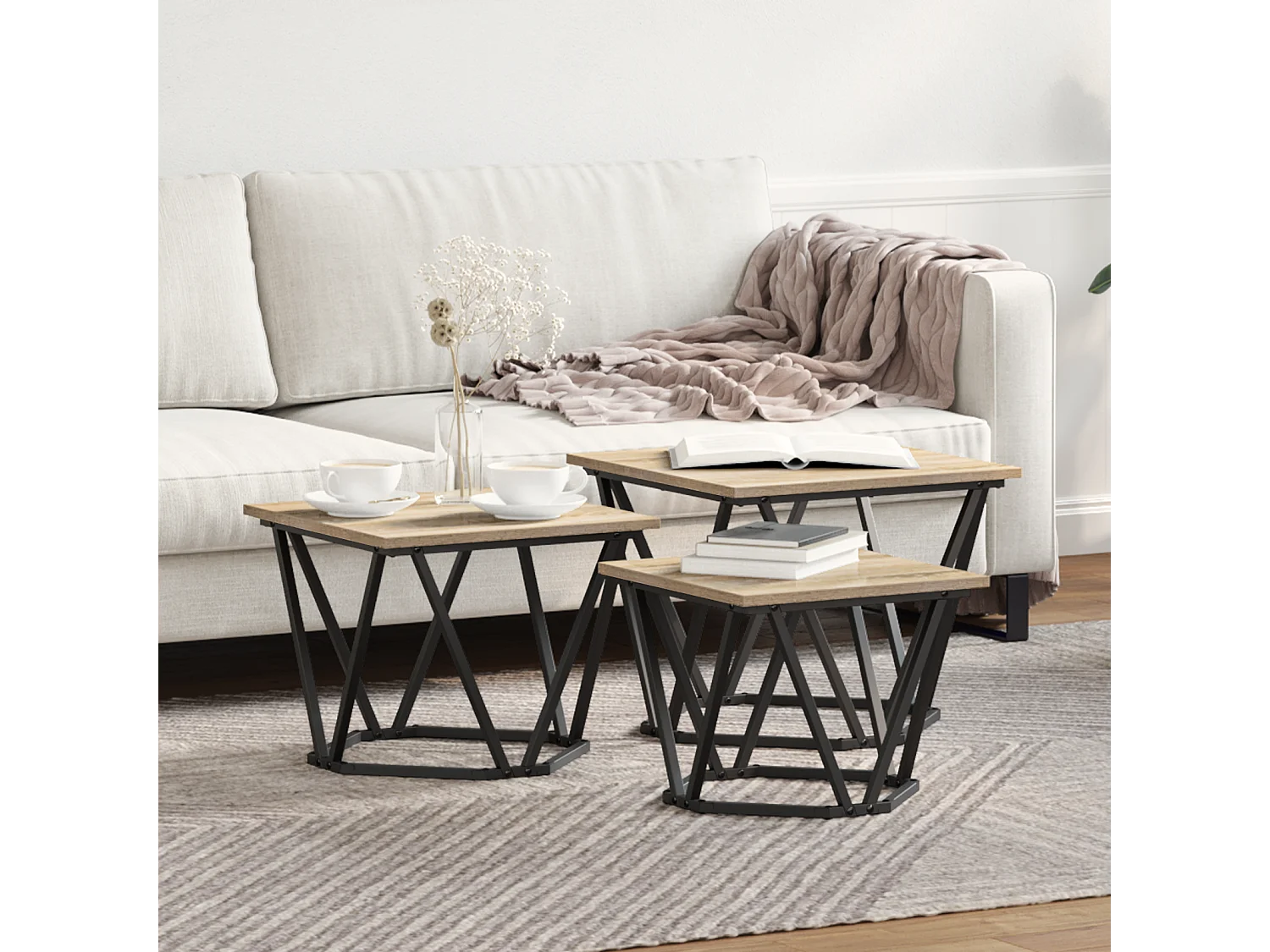 Tables d'appoint 3 pcs en bois d'ingénierie chêne Sonoma