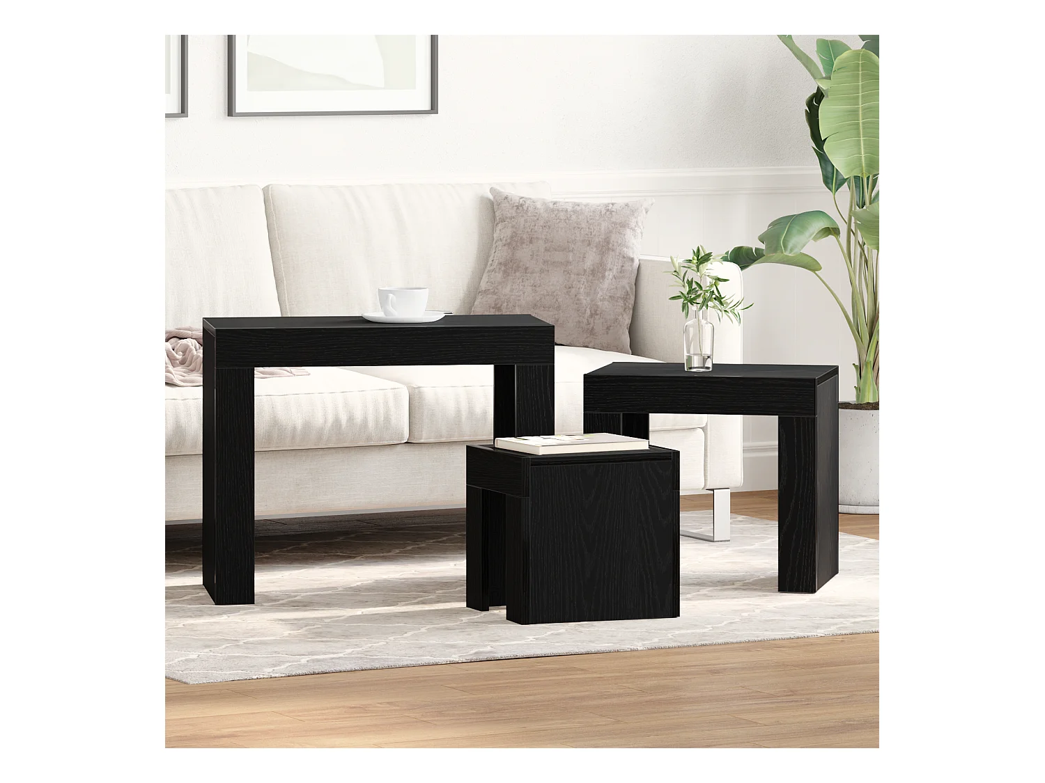 Tavolini da caffè impilabili a 3 pezzi in legno ingegnerizzato nero