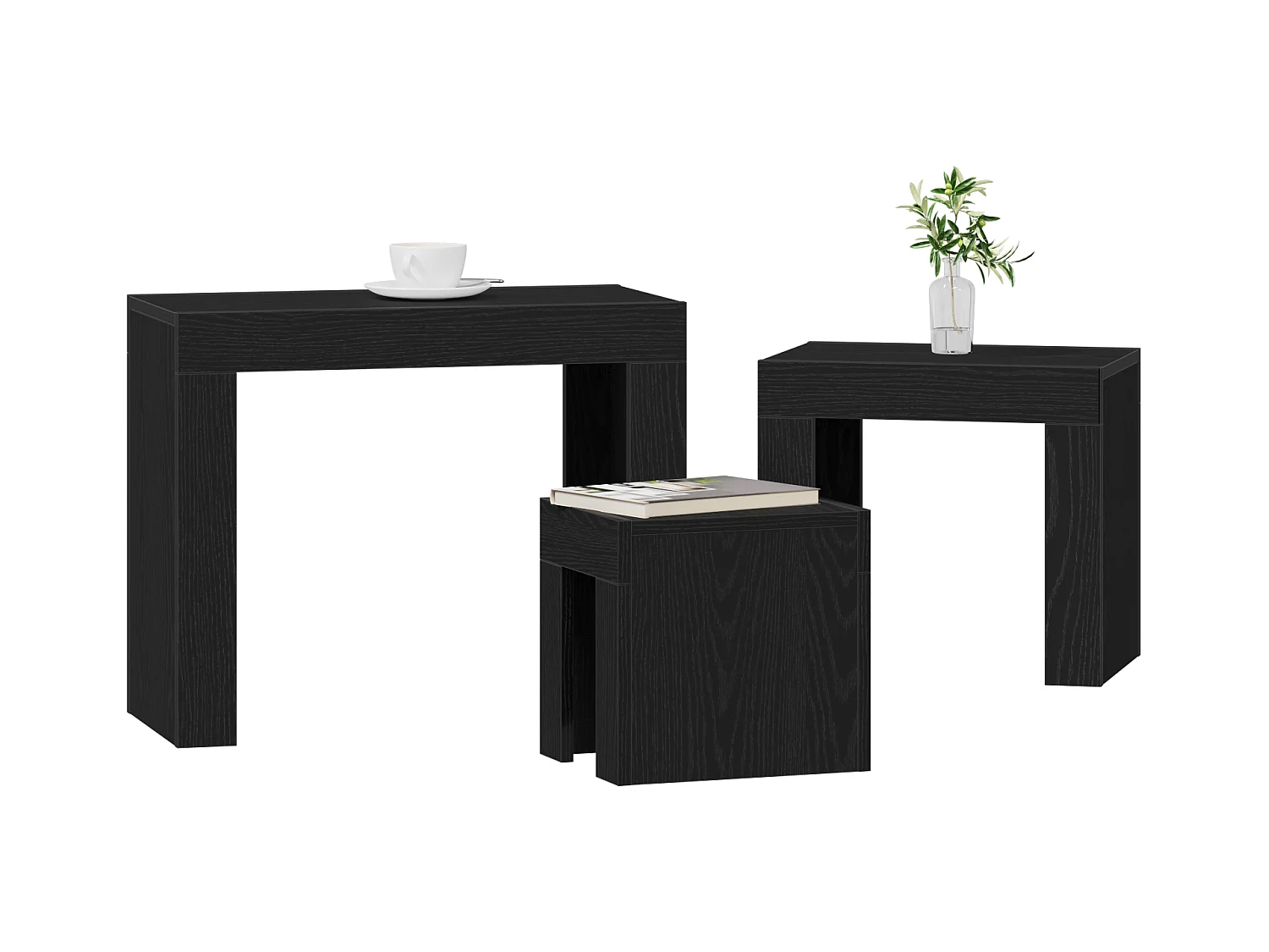 Tavolini da caffè impilabili a 3 pezzi in legno ingegnerizzato nero