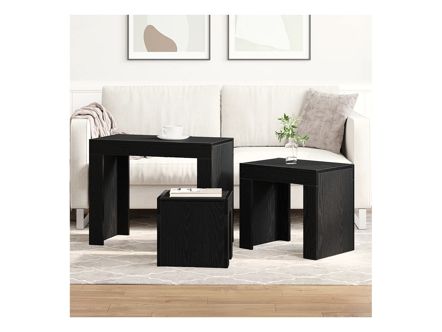 Tavolini da caffè impilabili a 3 pezzi in legno ingegnerizzato nero